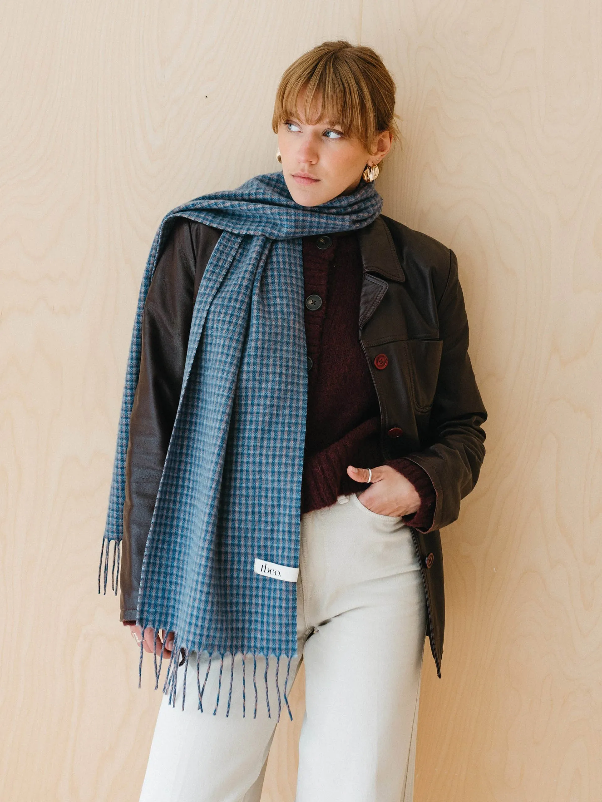 Lambswool scarf in blue tweed check