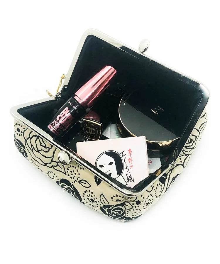 Light Beige Rose Weaved Metal Kiss Lock Purse / Gamaguchi Japanese Bags