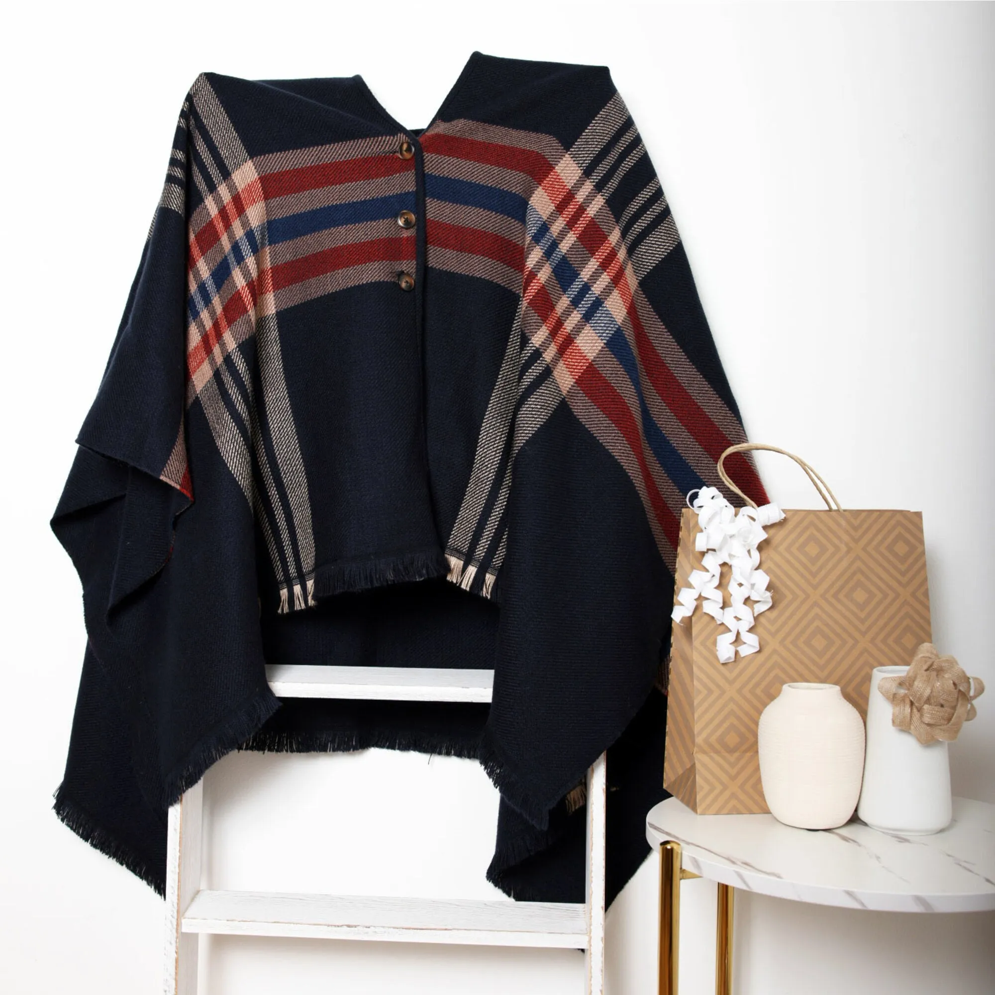 Navy, Camel & Red Plaid 51" x 56" Ruana One Size Fits Most
